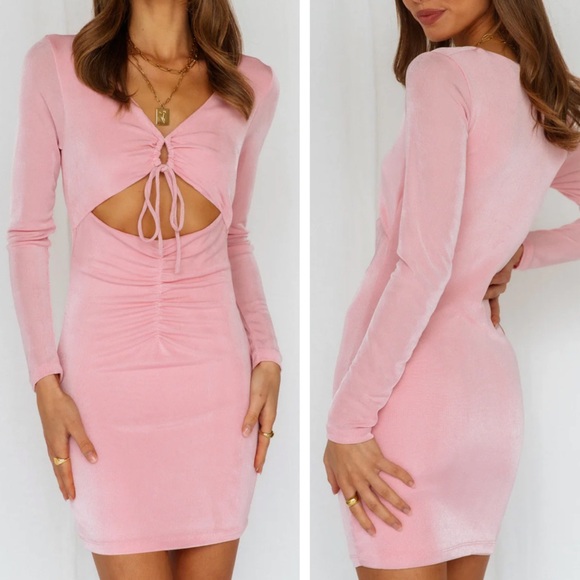 Hello Molly Strike It Out Metallic Pink Cut Out Long Sleeve Mini Dress - Picture 1 of 9